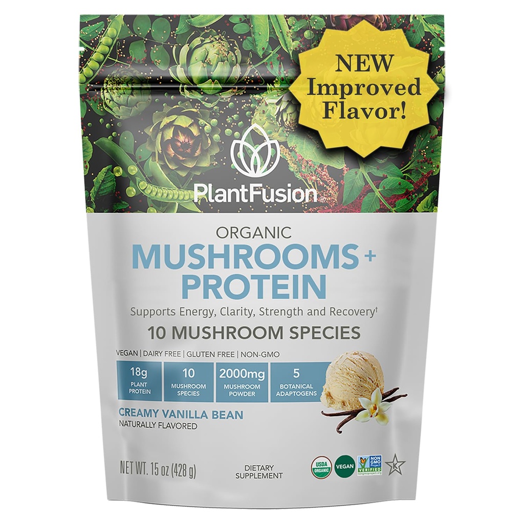 Poudre de protéines de champignons de plantation - 3 en 1 Poudre de protéines de végétalien, supplément de champignons et supplément d'adaptogène - Soutenir la concentration mentale, l'immunité et la récupération - Vanille 1lb