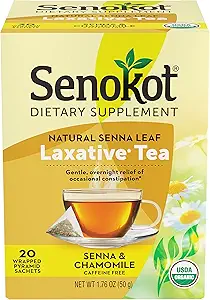 Supplément alimentaire Senokot, Feuille de Senna naturel et biologique, Thé laxatif pour Constipation occasionnelle, 20 sachets de pyramide enrobés, certifié biologique.