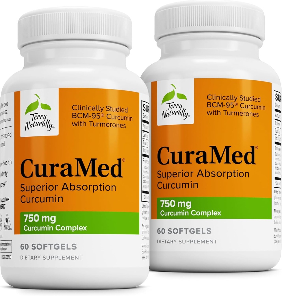 Terry naturellement CuraMed 750mg - Supplément antioxydant pour la santé du cerveau et du coeur - Supplément avec complexe de Curcumine de haute puissance - Soutien de la santé du rein, du foie et de l'immunité - 60 Softgels (paquet de 2)