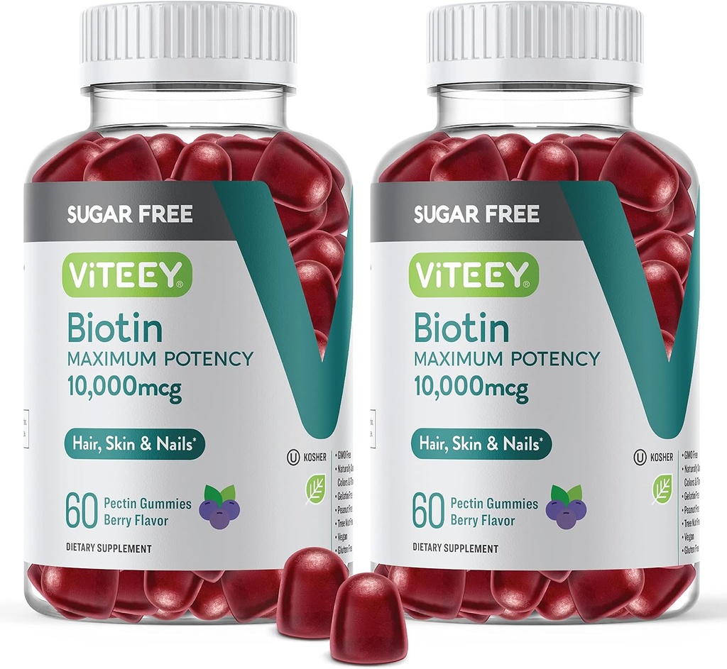 Viteey Biotin Gommies pour les cheveux, la peau et les ongles 10 000mcg - Sans sucre - Gommies de croissance des cheveux, peau saine Glow, forte croissance saine des ongles - végétalien, sans gluten, sans gélatine, sans saveur de baies