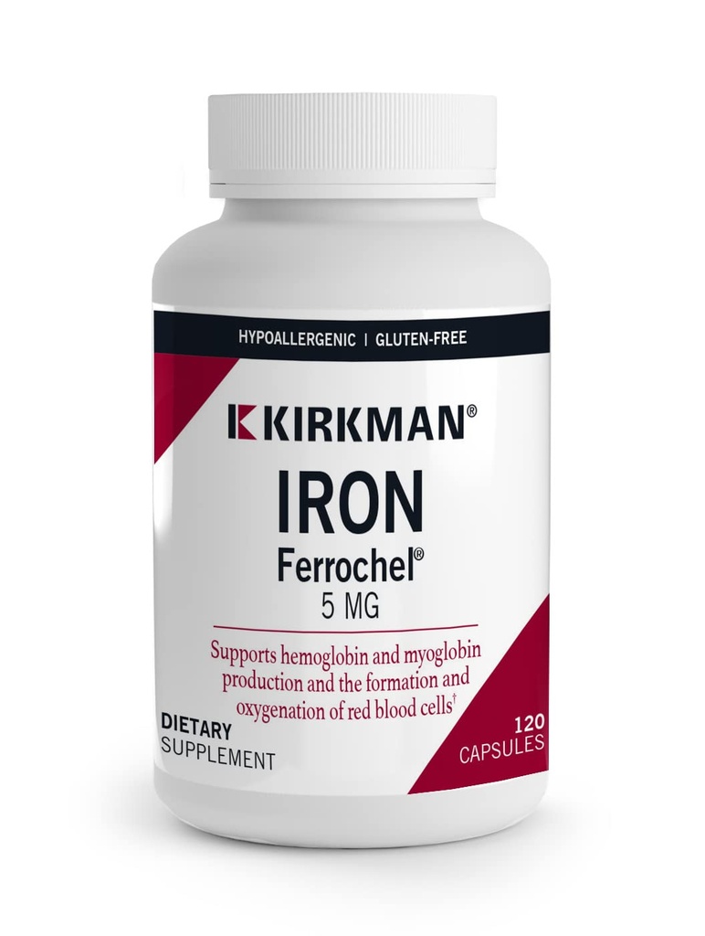 Kirkman - Ferrochel en fer 5mg - 120 capsules - Aides Production d'hémoglobine et de myoglobine - Supporte la formation de globules rouges - Hypoallergénique