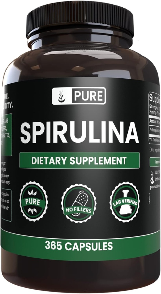 Ingrédients originaux purs Spiruline (365 Capsules) Pas de Magnésium ou de Rice Filters, Toujours Pure, Verified Lab