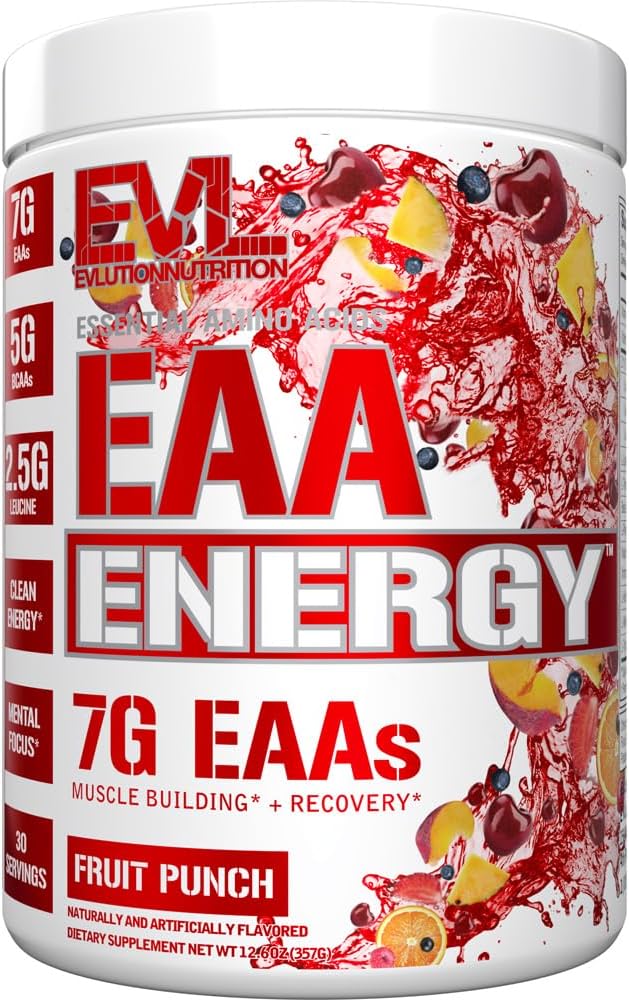 Évlution Nutrition EAA Énergie - Poudre avant et après l'entraînement - Muscle Building & Recovery Supplement - 7g Acides aminés essentiels + 5g BCAA - Énergie propre - avec caféine - 30 portions - Fruit Punch