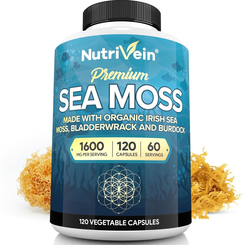 Nutrivein Organic Sea Moss 1600mg Plus Bladderwrack & Burdock - 120 capsules pour adultes - Super-alimentation prébiotique - Système immunitaire et santé digestive - Thyroïde, peau, kéto detox, Gut, joint support