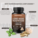 Lions Mane Mushroom Capsules de 4200mg Lions Mane Mushroom Powder de Champignons Complément Capsules de Champignons pour la santé du cerveau et le soutien santé immunitaire 60 Veg