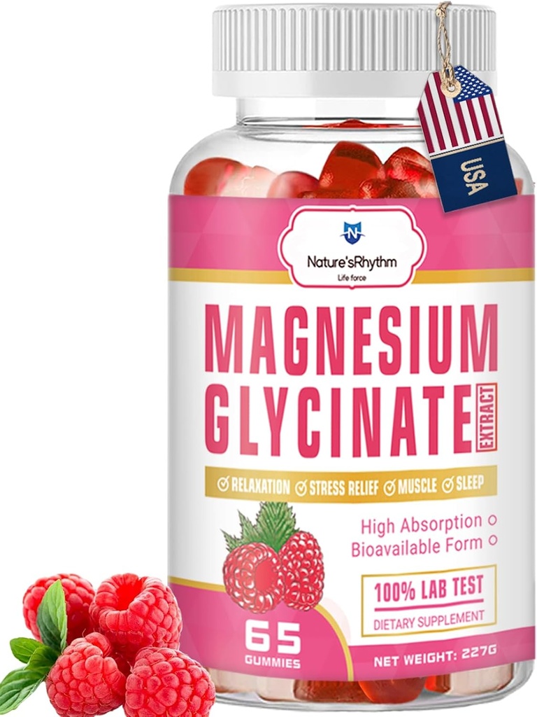 Nature`s Rhythme Magnésium Gommies 500mg - 65 Ct.Suppléments Magnésium Glycinate pour la relaxation, le stress et le sommeil pour les adultes et les enfants