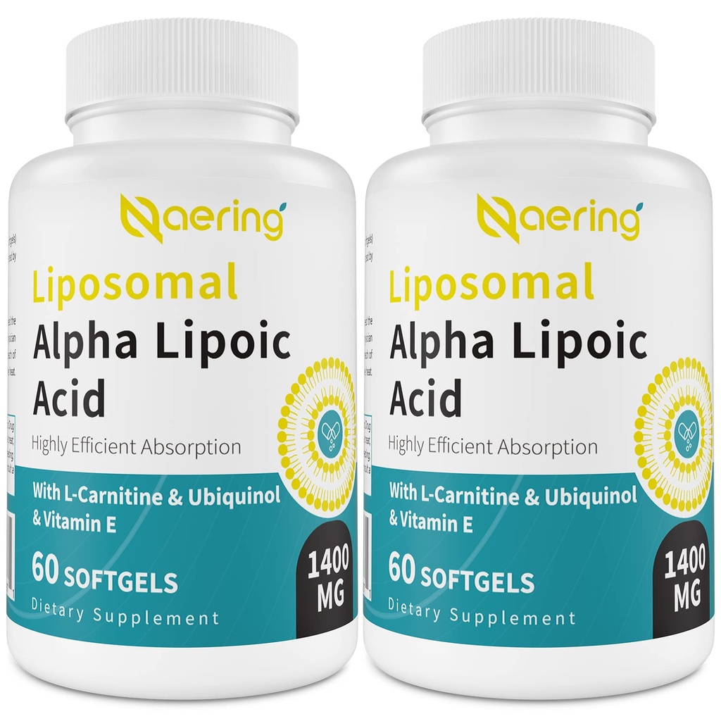 Acide alpha lipoïque liposomique 1400mg Softgels, supplément ALA avec L-Carnitine 1000mg, Ubiquinol (CoQ10 actif) 100mg et vitamine E 10mg, acide alpha-lipoïque pour les antioxydants, Nerve,Energy 120 Softgels