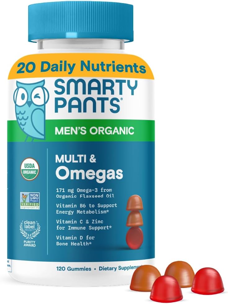 Multivitamine SmartyPants pour les hommes, Gommies organiques: Méthylfolate, Oméga 3 (ALA), Vitamine D3, C, Vitamine B12, B6, A, K & Zinc pour le soutien immunitaire, Biotine, Végétarien, 120 Gommies (30 jours d'approvisionnement)