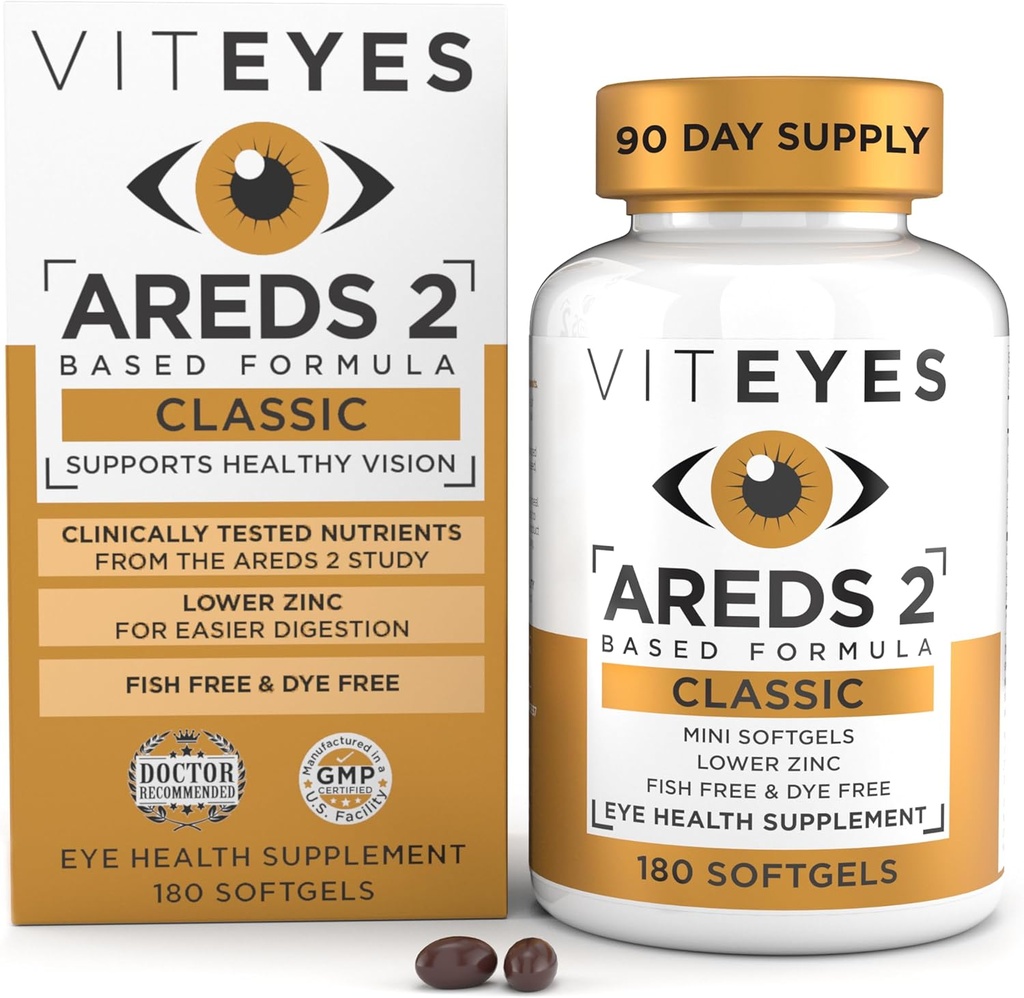 Vityees AREDS 2 Classic Macular Health Formula Softgels, Vitamine pour la santé des yeux pour soutenir la santé Maculaire, Zinc inférieur, Vitamines pour les yeux, Vitamines Maculaires, Sans bêta-carotène, 180 Softgels