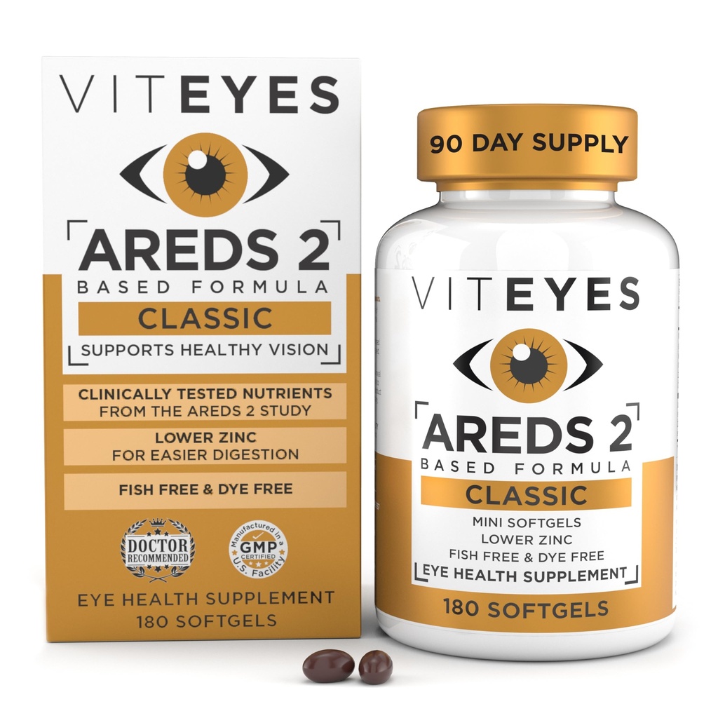 Vityees AREDS 2 Formule Maculaire classique de santé Softgels, Vitamine pour la santé des yeux pour soutenir la santé Maculaire, Zinc inférieur, Vitamines pour les yeux, Vitamines Maculaires, Sans bêta-carotène, 180 Softgels