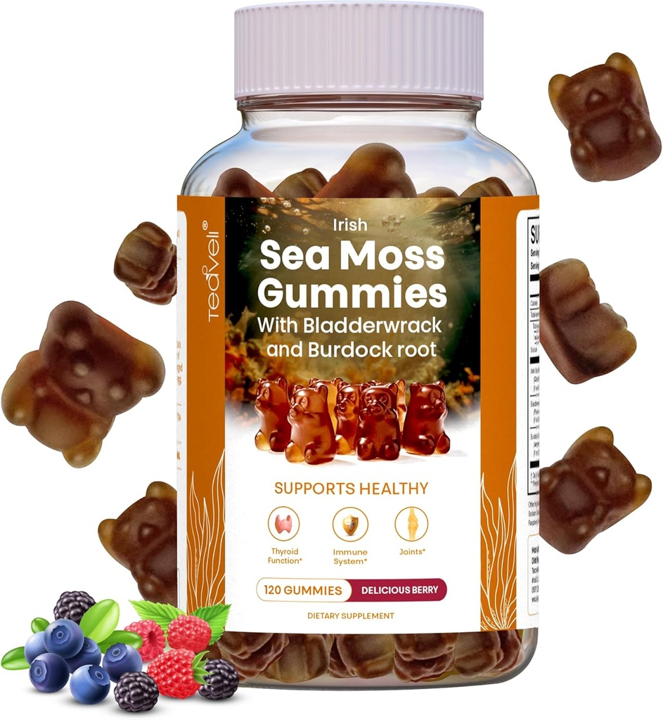 Gommies de mousse de mer d'Irlande– 120 Delicious Berry Seamoss Vegan Gommies avec racine de bardage, Seamoss & Bladderwrack – Vitamines gommy pour soutenir une thyroïde saine, Gut & Immune – pour adultes et enfants