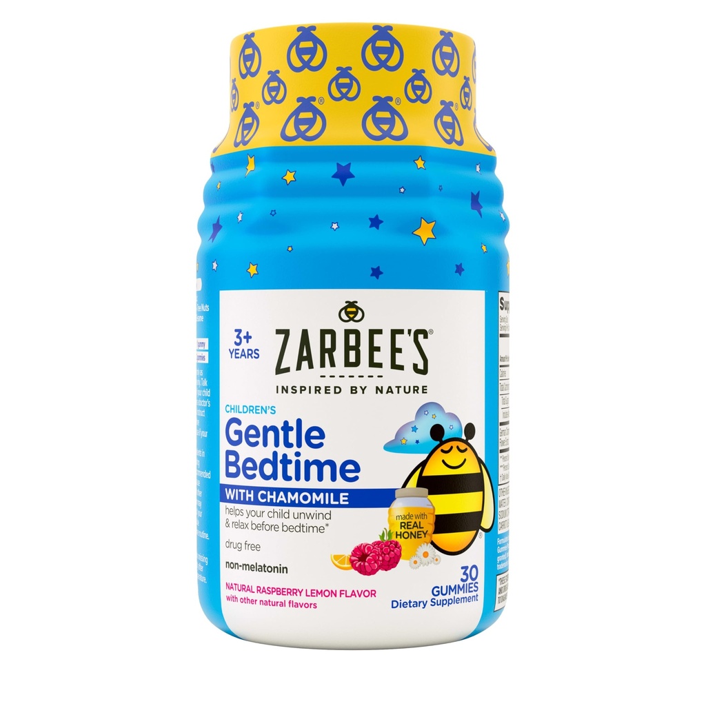 Zarbee's Gentle Bedtime Gummies for Kids - Melatonin-Free Blend of Natural Honey, Raspberry Lemon, and Chamomile Helps Children Unwind and Relax to Prepare for Sleep, 30ct