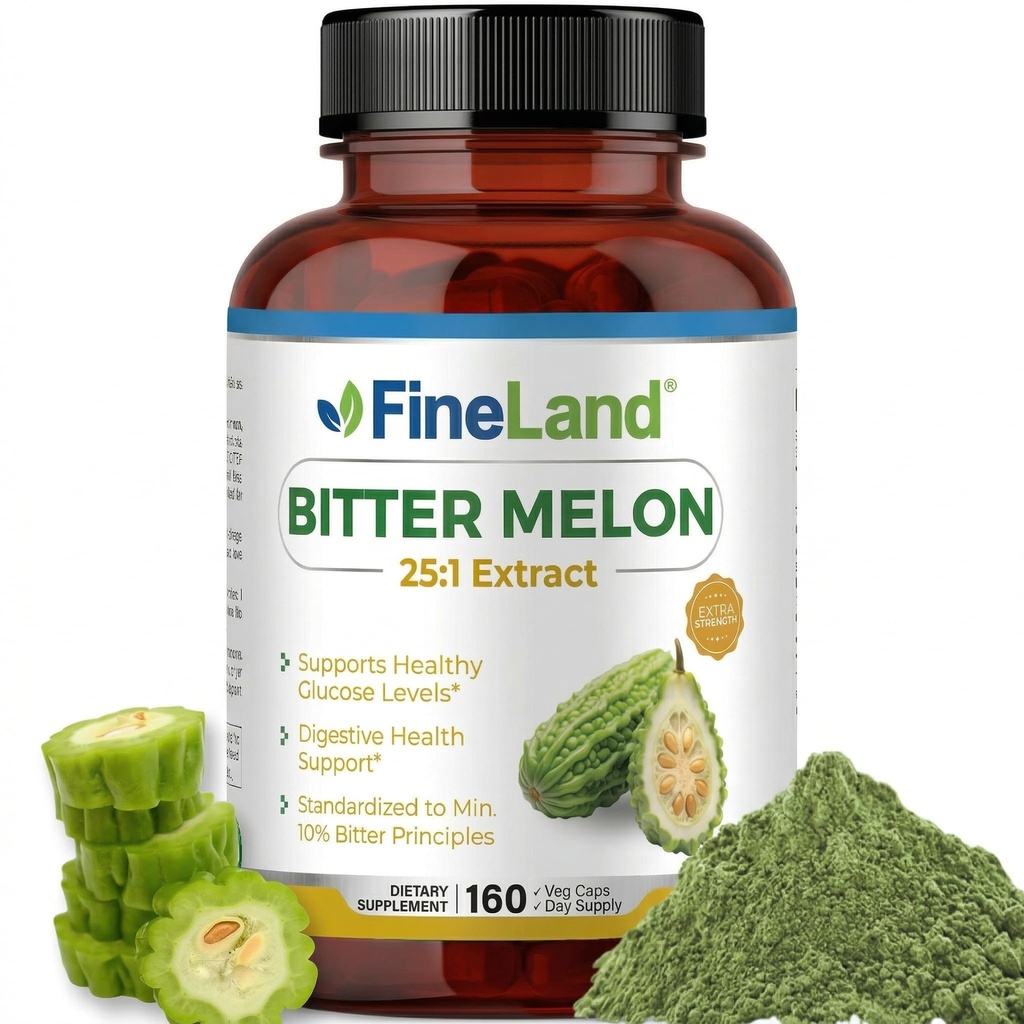 FineLand Bitter Melon 25:1 Extrait 12 500mg Strength, 10% Bitter Principles, 160 Capsules végétaliennes, soutient la santé digestive, l'extrait 25X normalisé et concentré, non-OGM fabriqué aux États-Unis