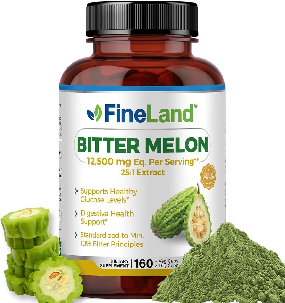 FineLand Bitter Melon 25:1 Extrait 12 500mg Strength, 10% Bitter Principles, 160 Capsules végétaliennes, soutient la santé digestive, l'extrait 25X normalisé et concentré, non-OGM fabriqué aux États-Unis