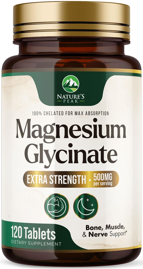 Magnésium Glycinate 500mg - Chélaté pour l'ultra-absorption - Soutiens os, muscles, nerfs et santé cardiaque, soutien du sommeil de la nature, meilleur supplément de magnésium pilules pour le soutien du corps entier - 120 comprimés