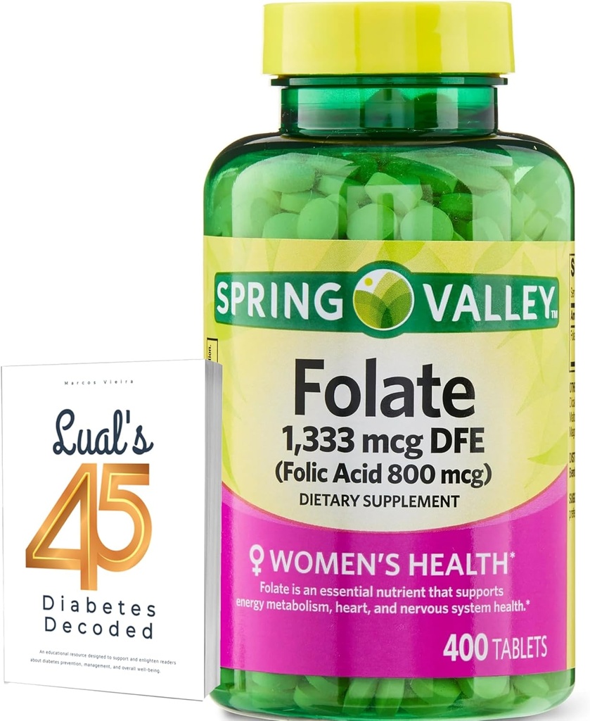 Folate 1,333 mcg. Supplément diététique folate de Spring Valley, 1,333 mcg DFE, 400 Compte, Supplément folate pour les femmes enceintes, Acide folique 800 avec 45 diabétiques décodés de Luall