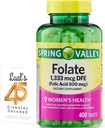 Folate 1,333 mcg. Supplément diététique folate de Spring Valley, 1,333 mcg DFE, 400 Compte, Supplément folate pour les femmes enceintes, Acide folique 800 avec 45 diabétiques décodés de Luall