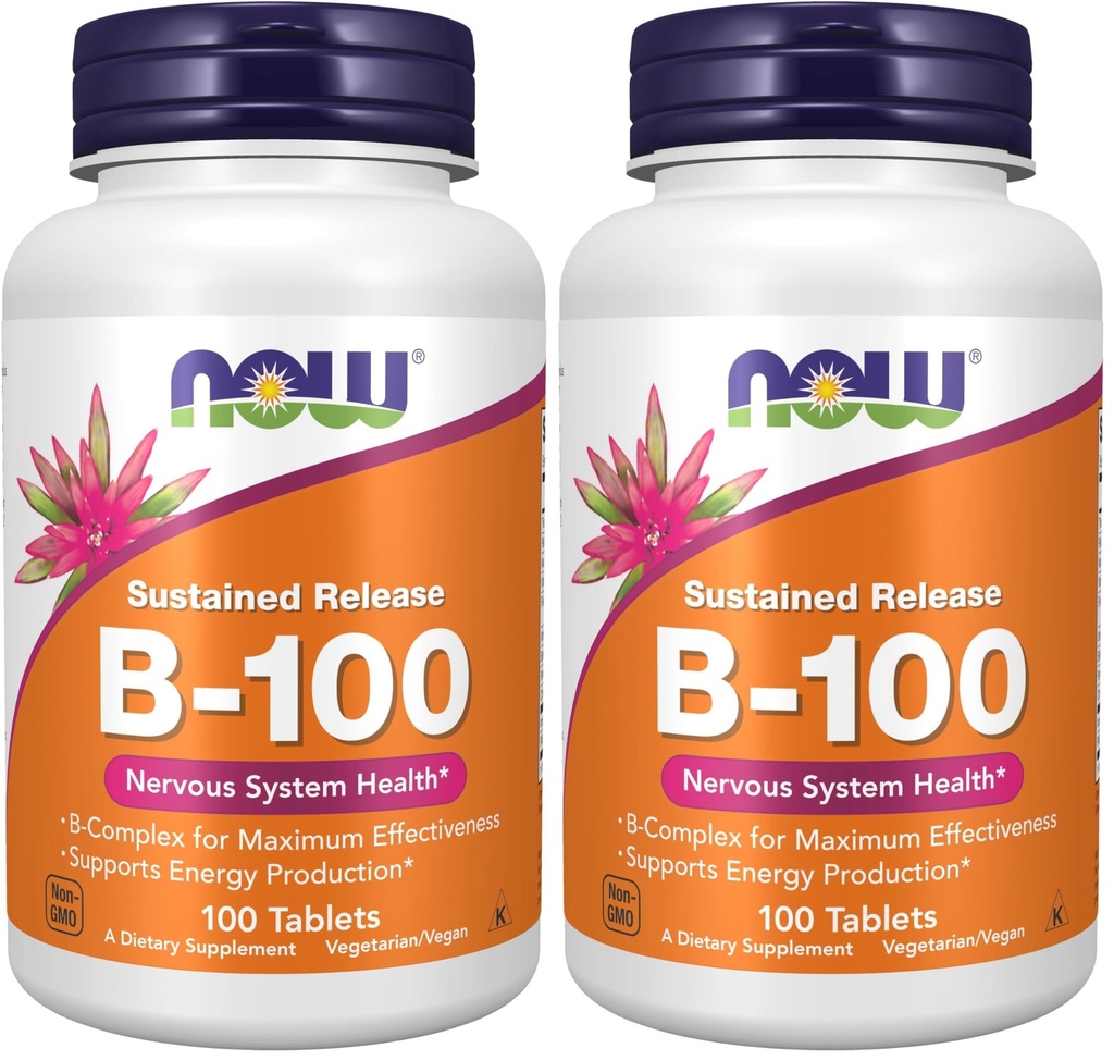 Suppléments, vitamine B-100, libération prolongée, production d'énergie*, santé du système nerveux*, 100 comprimés (paquet de 2)
