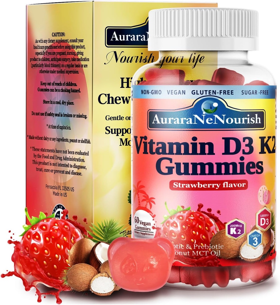 D3 K2 Vitamine 10000 UI, Vitamine sans sucre D3 K2 Gummies w. Pro & Pre, Vitamine à croquer D3 et K2 (MK-7) Suppléments pour os, dents, Immune, Cœur et Digest Santé, absorption de calcium Végétaux