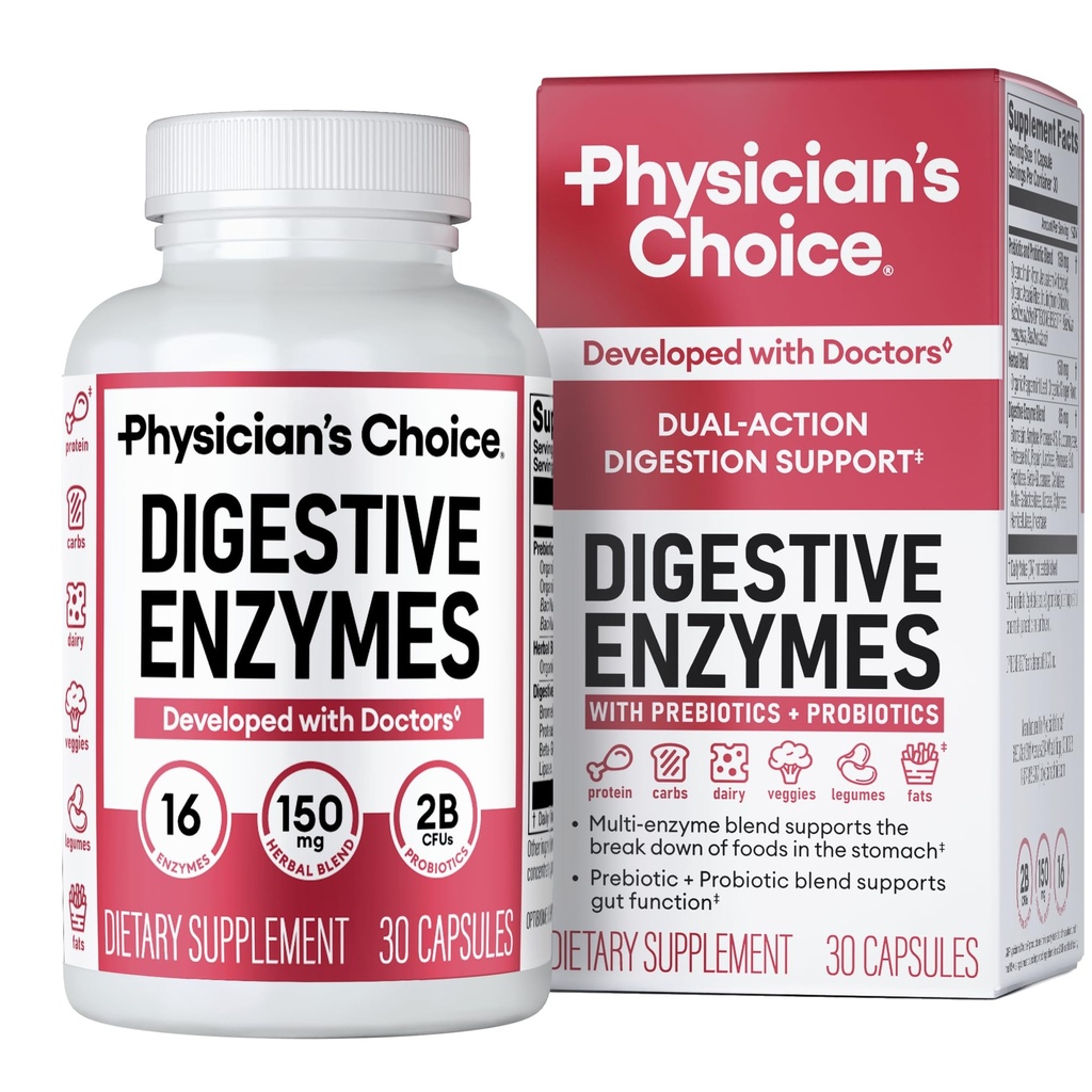 CHOIX Digestive Enzymes du médecin - Multi enzymes, bromelain, prébiotiques organiques et probiotiques pour la santé digestive et la santé des intestins - Bloatation et désagrément du temps des repas - double action - Tous les régimes - 30 CT