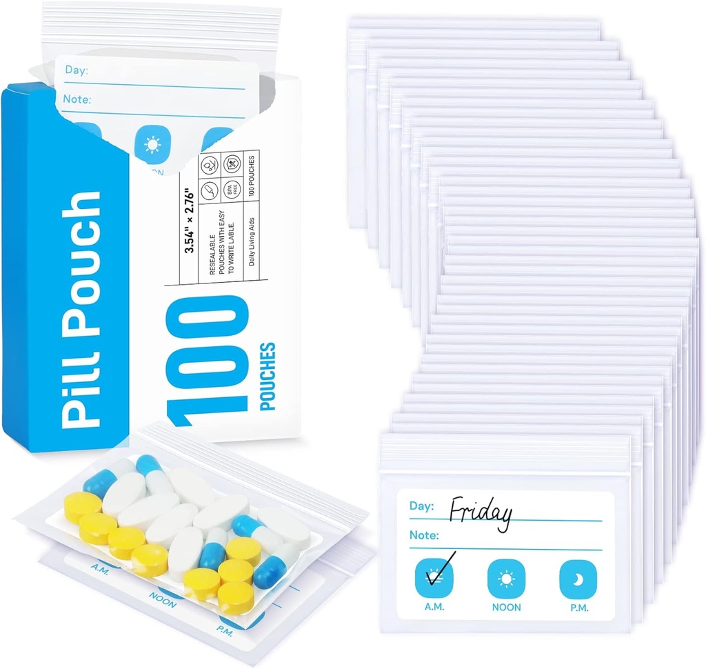 Sacs à pilules ZIKEE pour les voyages, Pochettes à pilules réutilisables BPA Free 2,75" x 3,54", Sacs médicaux quotidiens avec capacité XL pour 24 huiles de poisson, Organisateur de vitamines avec zone d'écriture personnalisable (100 Nombre)