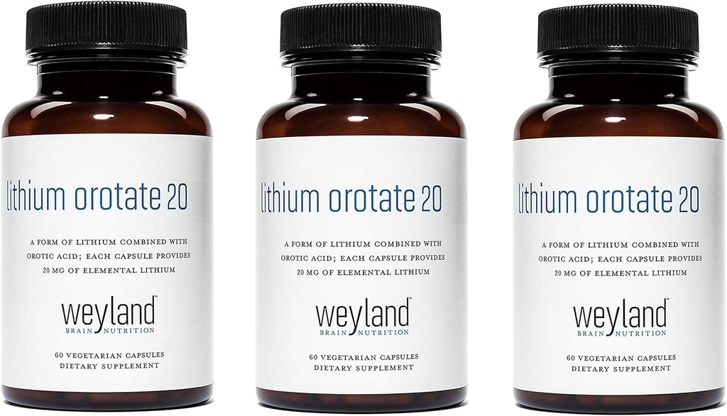 Orotate de lithium 20mg (3 bouteilles), 180 capsules végétariennes