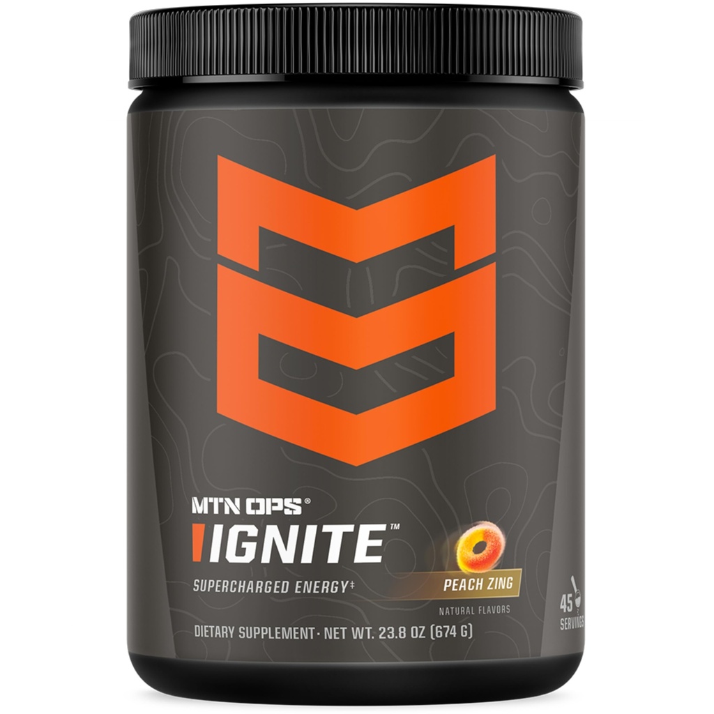 MTN OPS Ignite Energy Drink Poudre, sans gluten Nootropic Supplément Drink Mix, L Arginine, L Citrulline, Caféine et Nootropic Sugar Drink Mix, 45 portions, Peach Zing
