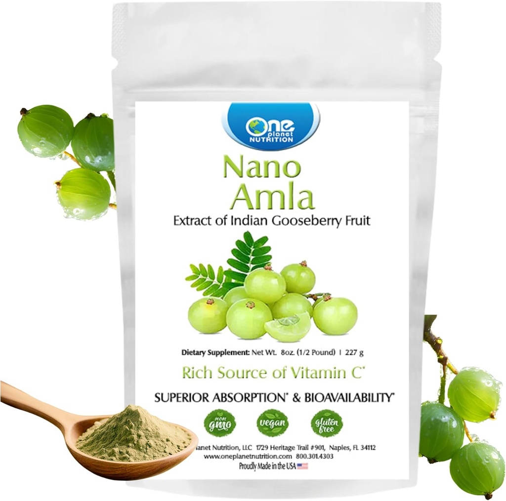 One Planet Nutrition Nano Amla Powder 8 oz (227 portions), extrait de fruits Amla, riche en vitamine C pour la production de collagène et le soutien immunitaire, sans excipient, sans OGM, végétalien, sans gluten