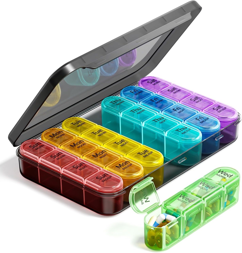 Odaro Weekly Pill Organizer 4 fois par jour, BPA Pill Box 7 jours gratuit, grand cas de pilule de voyage avec 28 Compartiment pour tenir la médecine, la vitamine et le supplément