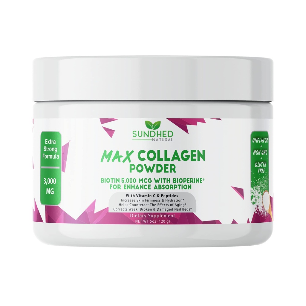 Max Collagen Plus C (30 jours d'approvisionnement) - Toute la poudre de collagène naturel avec biotine et biopérine pour stimuler l'hydratation antivieillissement et la fermeté de la peau - 500mg Vitamine C - Renforcer les os et les ongles