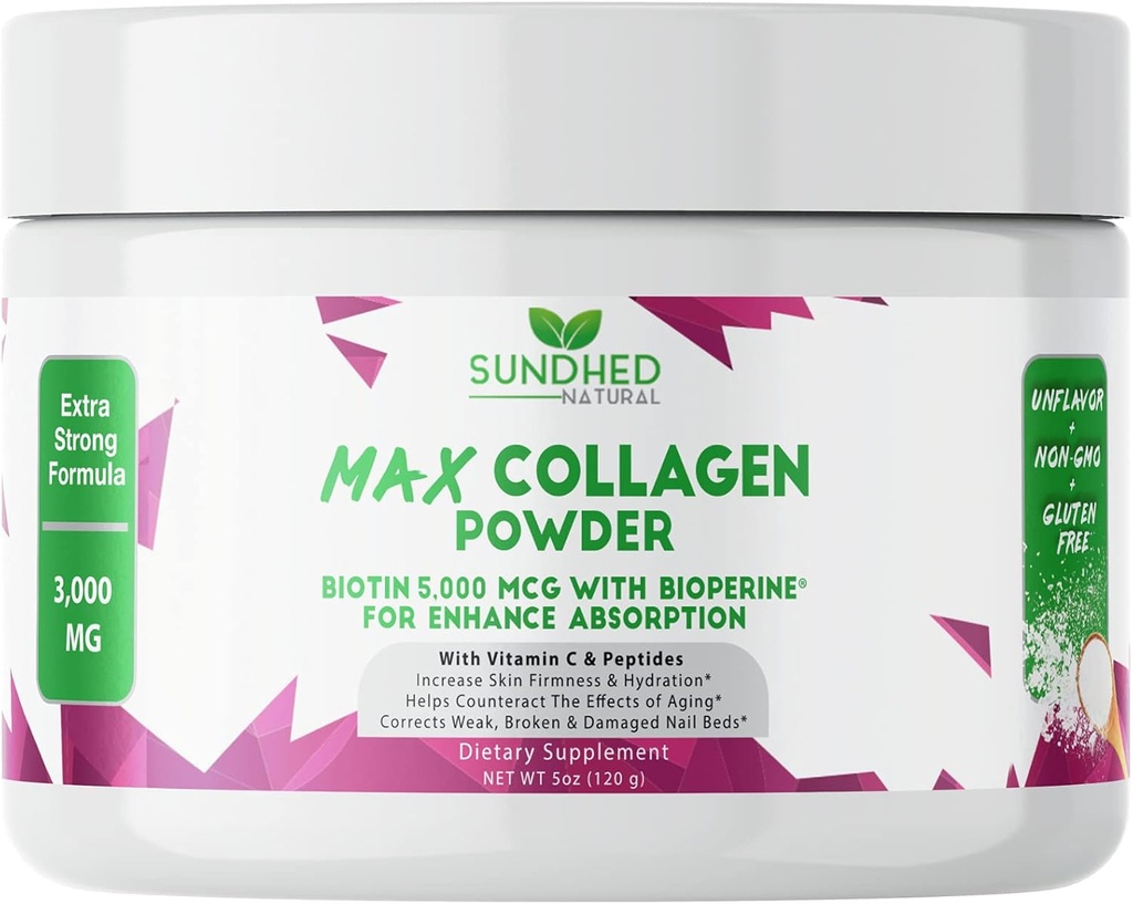 Max Collagen Plus C (30 jours d'approvisionnement) - Toute la poudre de collagène naturel avec biotine et biopérine pour stimuler l'hydratation antivieillissement et la fermeté de la peau - 500mg Vitamine C - Renforcer les os et les ongles