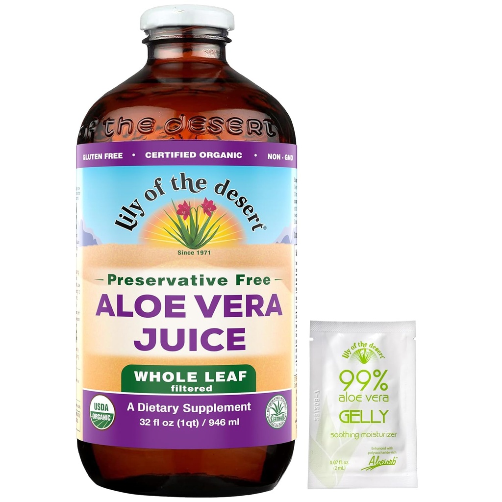 Lily Of The Desert Aloe Vera Juice, Preservative Free - Toute la feuille Aloe Vera boisson avec des vitamines naturelles, enzymes digestives pour la santé Gut, stomach Relief, Wellness, Glowing Skin, Gelly Sachet inclus