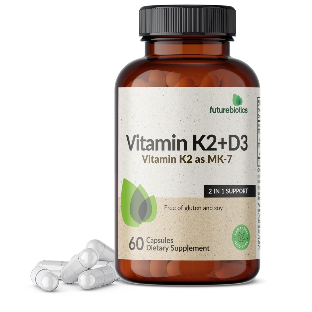 Futurebiotiques Vitamine K2 (MK7) avec supplément D3 - Formule non-OGM - 5000 UI Vitamine D3 et 90 mcg Vitamine K2 MK-7, 60 Capsules végétariennes
