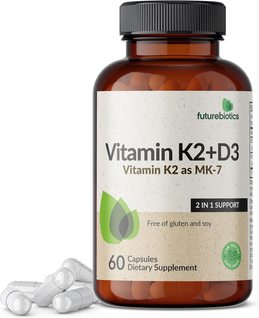 Futurebiotiques Vitamine K2 (MK7) avec supplément D3 - Formule non-OGM - 5000 UI Vitamine D3 et 90 mcg Vitamine K2 MK-7, 60 Capsules végétariennes