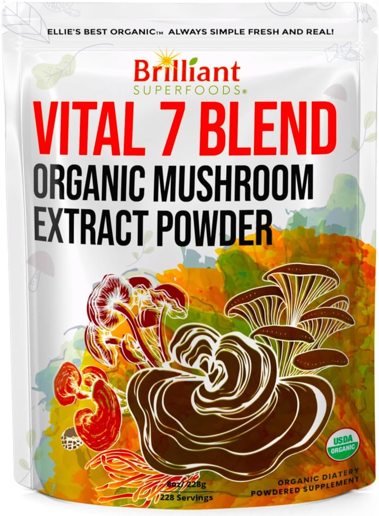 Le meilleur mélange biologique d'extrait de poudre de champignons 7 d'Ellie - Reishi, Lion's Mane, Chaga, Turkey Tail, Cordyceps, Maitake & Shiitake - Double extrait - Pure No Fillers - 8oz / 228 1g Portions......