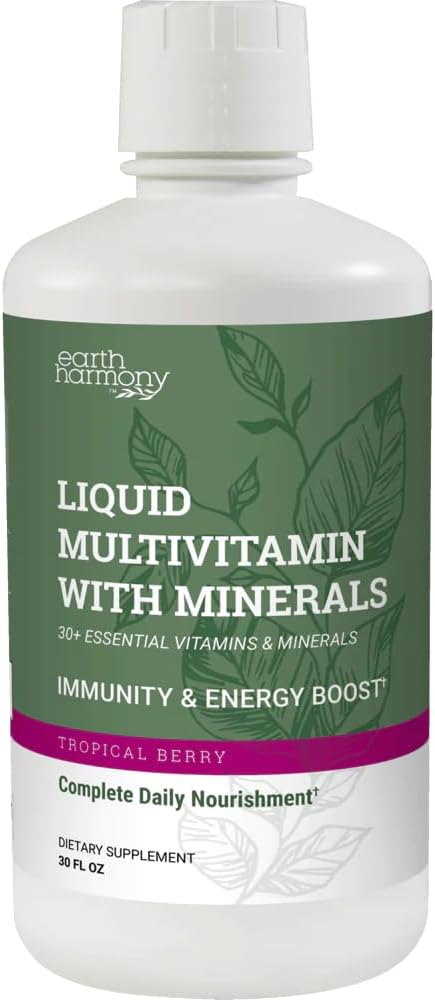 Multivitamines liquides de l'harmonie de la Terre pour les femmes et les hommes (flaveur de baies tropicales) - 30+ Vitamines liquides, minéraux et mélange d'antioxydants organiques - Multivitamines du matin pour le soutien immunitaire et l'énergie - 32 Fl Oz