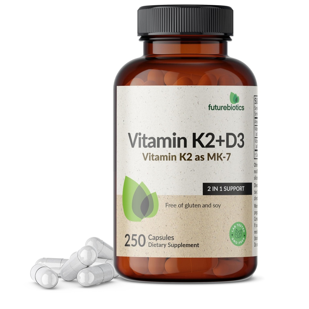 Futurebiotiques Vitamine K2 (MK7) avec supplément D3 - Formule non-OGM - 5000 UI Vitamine D3 et 90 mcg Vitamine K2 MK-7, 250 Capsules végétariennes