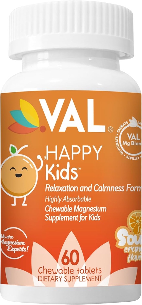 VAL Kids Magnesium | Calm + Focus Formula | 100mg Mg (Glycinate, Citrate, Taurate) + B6, D3, C | Sugar-Free, Non-GMO | Fun Chewable Tablets | Orange Flavor | 60 Ct