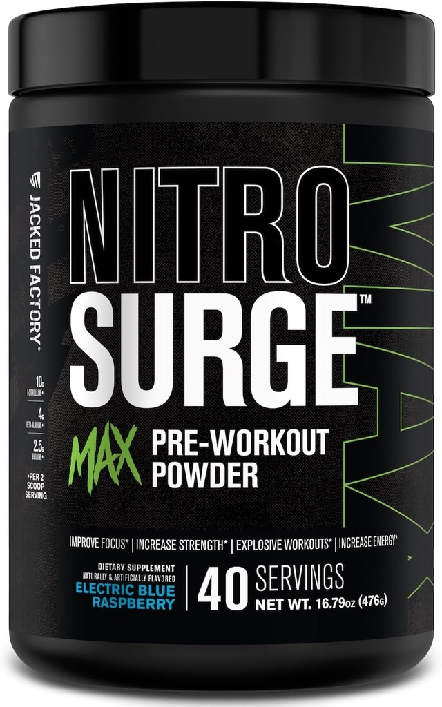Jacked Factory Nitrosurge Max High Performance Pre Workout Powder - Pre Workout w/Nootropic Ingredients for Intense Focus, Pumps, Smooth Energy, Endurance - 40 Servings, Electric Blue Raspberry