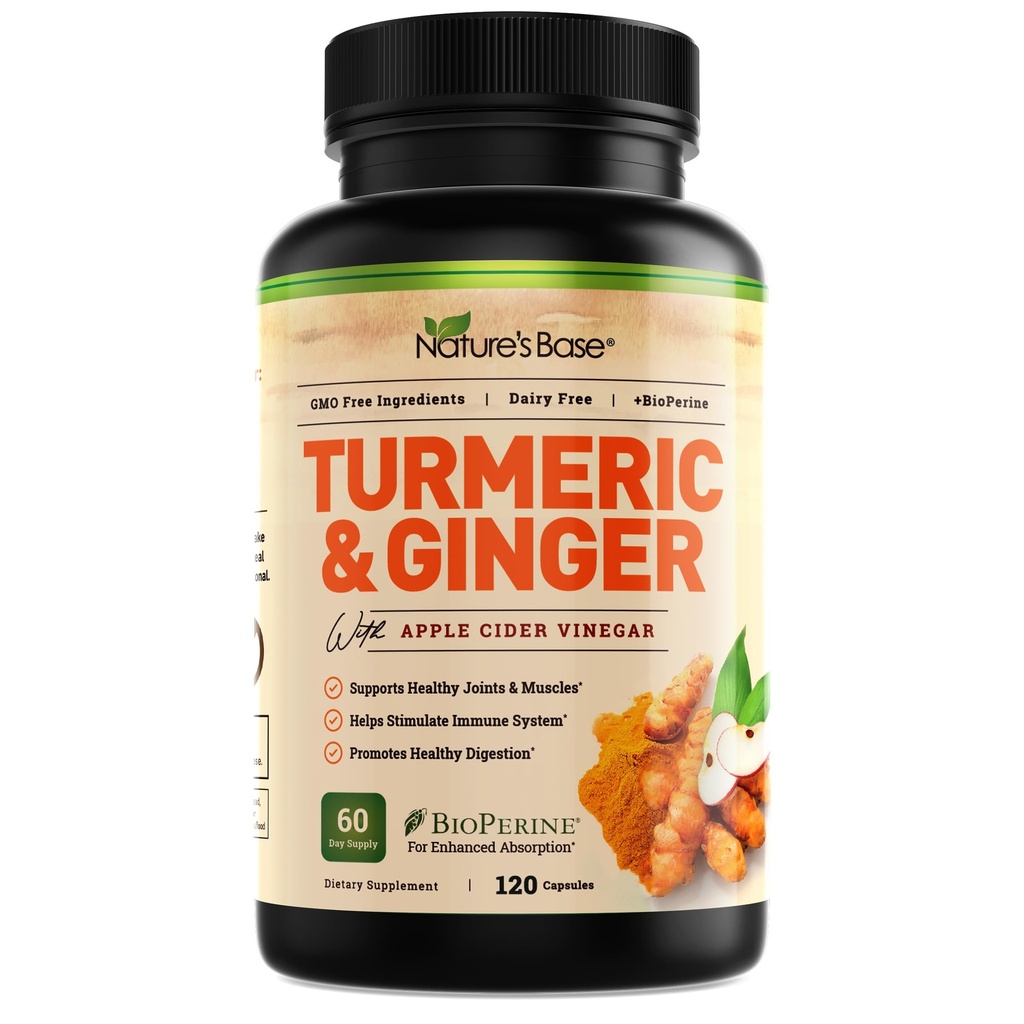 Nature's Base Turmeric et Ginger Supplément - avec Curcumin, vinaigre de cidre de pomme et extrait de poivre noir BioPerine - 95% Curcuminoïdes - 120 Capsules