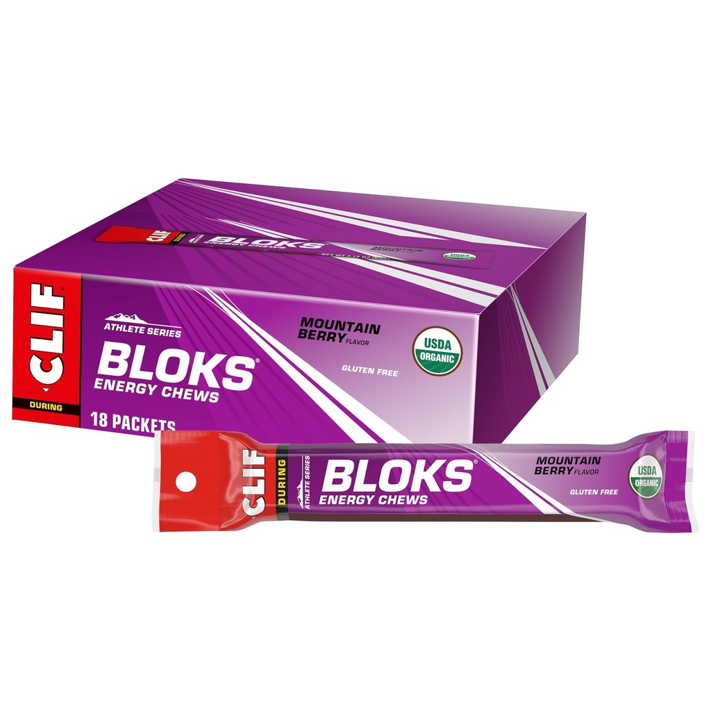 CLIF BLOKS - Mountain Berry Flavor - Chews énergétiques - Non-OGM - Basé sur une usine - Carburant rapide pour le vélo et la course - Carbohydrates et électrolytes rapides - 2,12 oz. (18 Compte)
