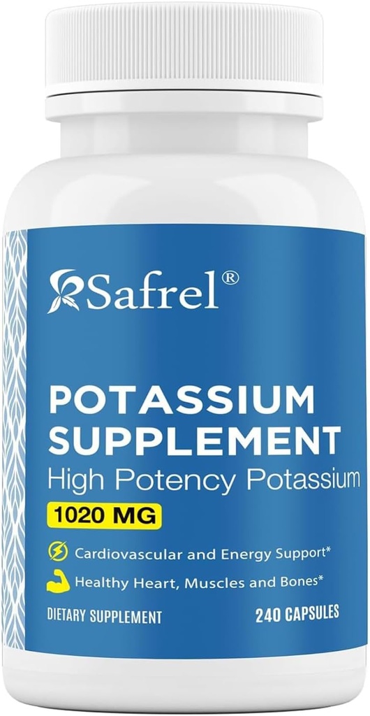 Supplément de potassium Safrel, 1020 mg,120 portions, 240 capsules végétariennes, sans OGM, sans gluten, fabriquées aux États-Unis