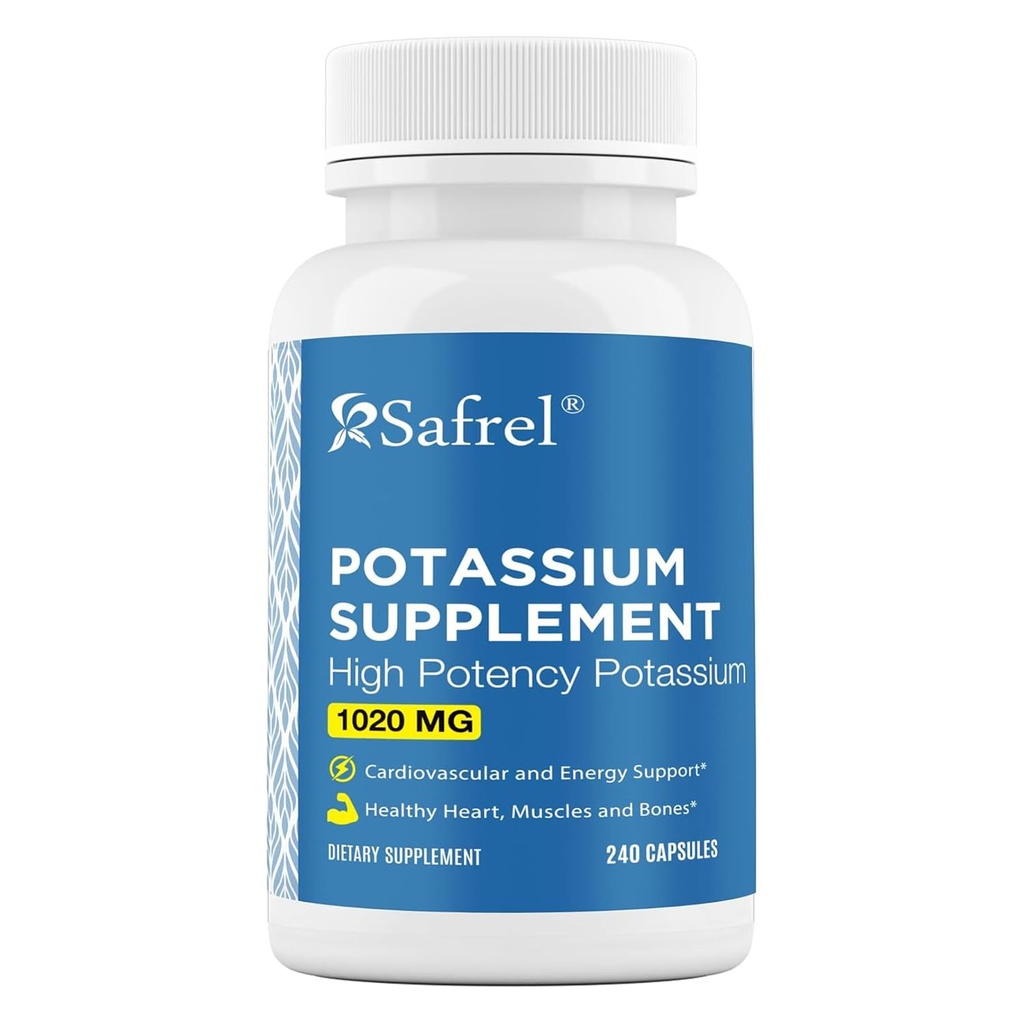Supplément de potassium Safrel, 1020 mg,120 portions, 240 capsules végétariennes, sans OGM, sans gluten, fabriquées aux États-Unis