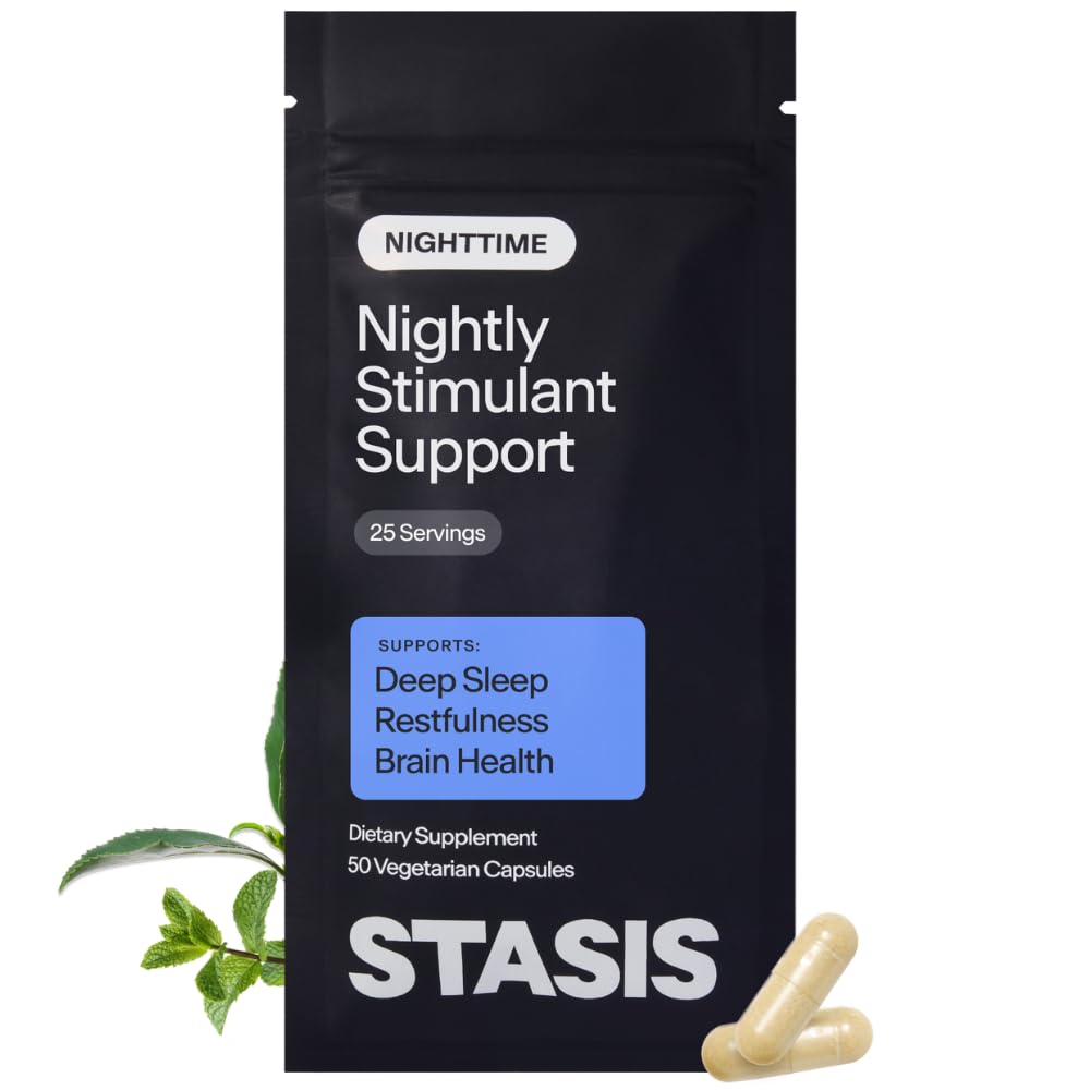 Stasis Nighttime - Capsules de calme et de sommeil à jumeler avec Stimulant - Skullcap, Magnolia Bark, Magnésium pour le sommeil et Suppléments Astaxanthin pour la relaxation et le soutien de l'humeur - 25 portions