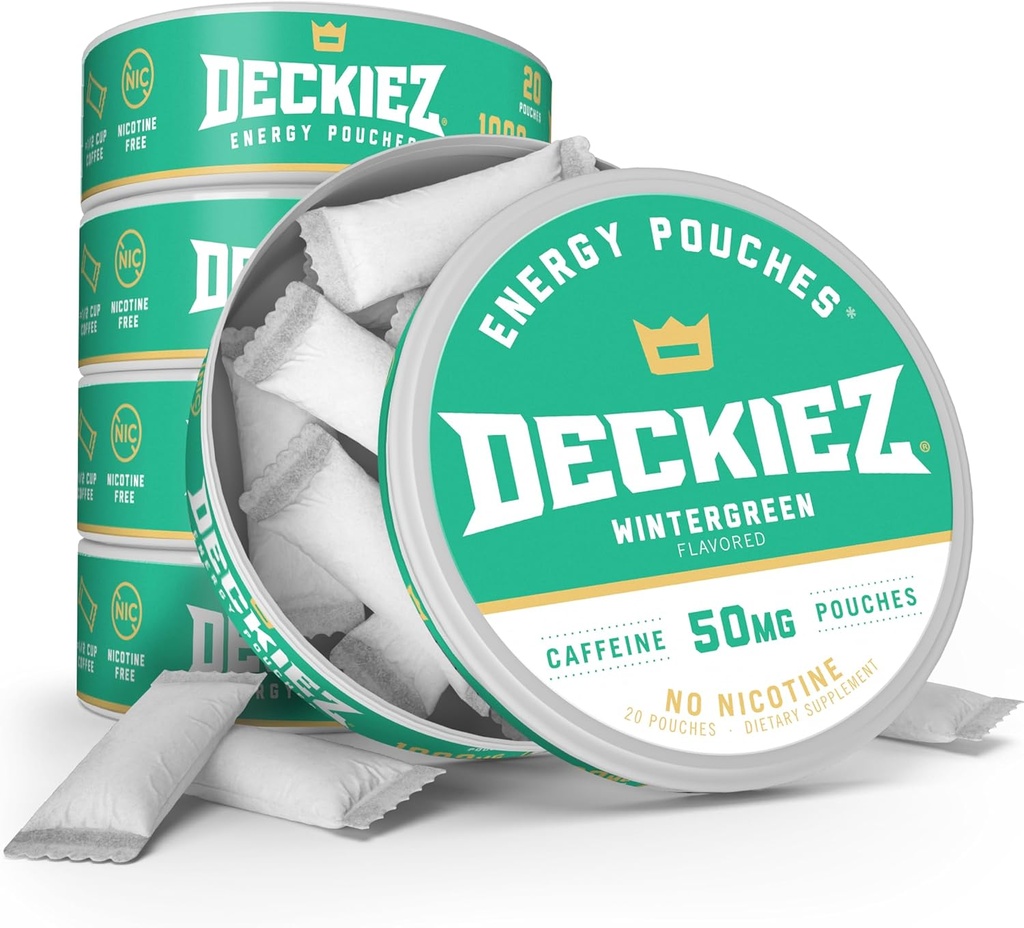Deckiez Energy Pouches, 5 Cans (100 Servings), Sugar Free Caffeine Supplement, Coffee Pouches & Energy Drink Alternative, 50mg Caffeine Pouches, Wintergreen Flavor