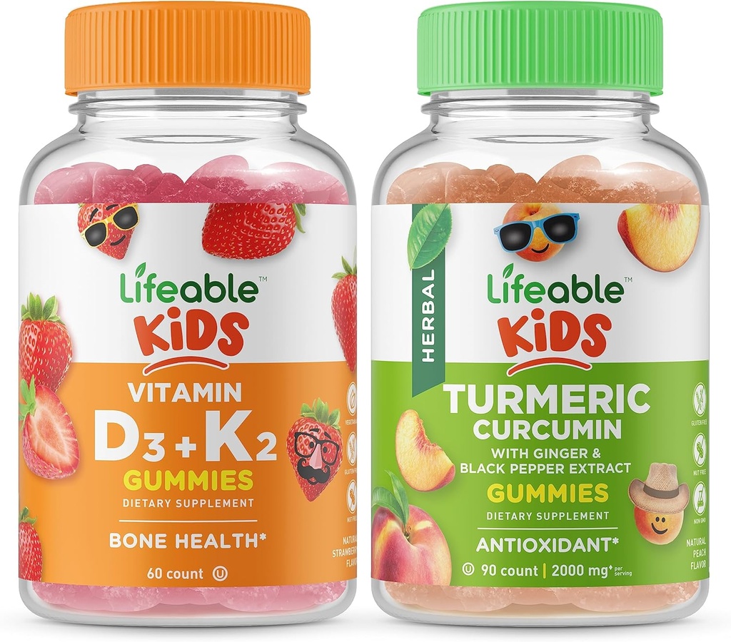 Vitamine vivante D3 + Vitamine K2 Enfants + Curcumine curcuma Turcuma Enfants, Gummies - Grande dégustation, supplément de vitamine, sans gluten, sans OGM, gummy à croquer