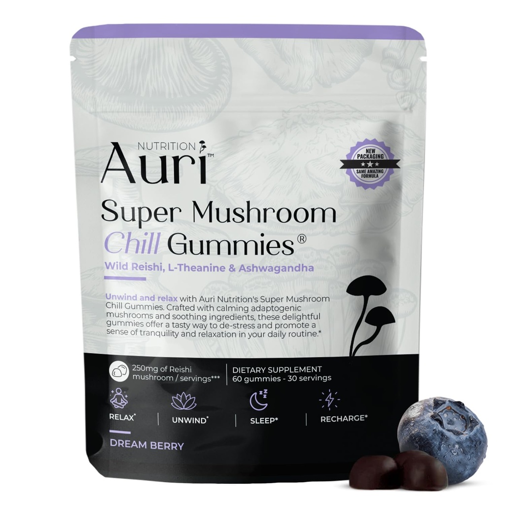 Auri Super Mushroom Chill Gummies - Supplément calmant et réduction du stress naturel pour les adultes w/Reishi Mushroom, Ashwagandha, L-Theanine - Détendez-vous l'esprit et harmoniser votre journée - 60 Gummies calmes