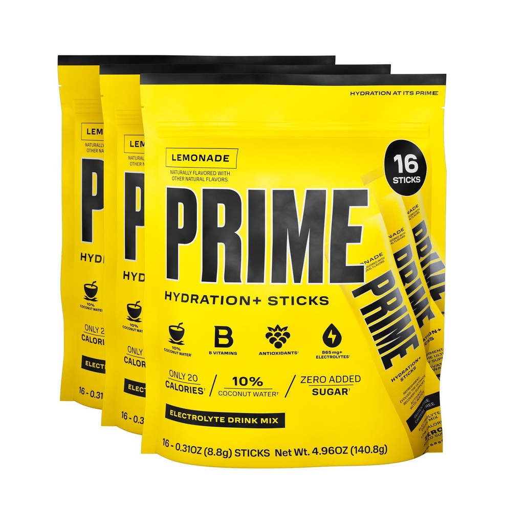 HYDRATION PRIME+ Sticks Lémonade (en anglais seulement) Poudre d'hydratation Bâtons de service simple (en anglais seulement) Poudre d'électrolyte sur le go (en anglais seulement) 250mg BCAAs, B Vitamines, Antioxydants (en anglais seulement) Faible sucre (en anglais seulement) Sans caféine (en anglais seulement) Vegan (en anglais seulement) 48 Sticks