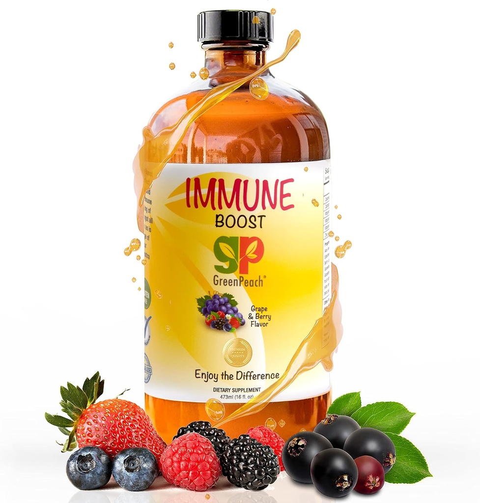 GreenPeach Liquid Immune Support pour les enfants – Sirop biologique de baies aînées avec vitamine C, D, E et Zinc.