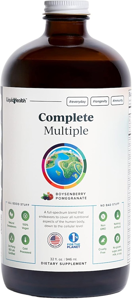 LIQUIDHEALTH Multivitamine liquide adulte complète - Vitamines essentielles, minéraux et nutriments, soutien immunitaire, Gut santé, énergie, detox - Fabriqué aux États-Unis, végétalien, non-OGM, sans sucre (32 oz)